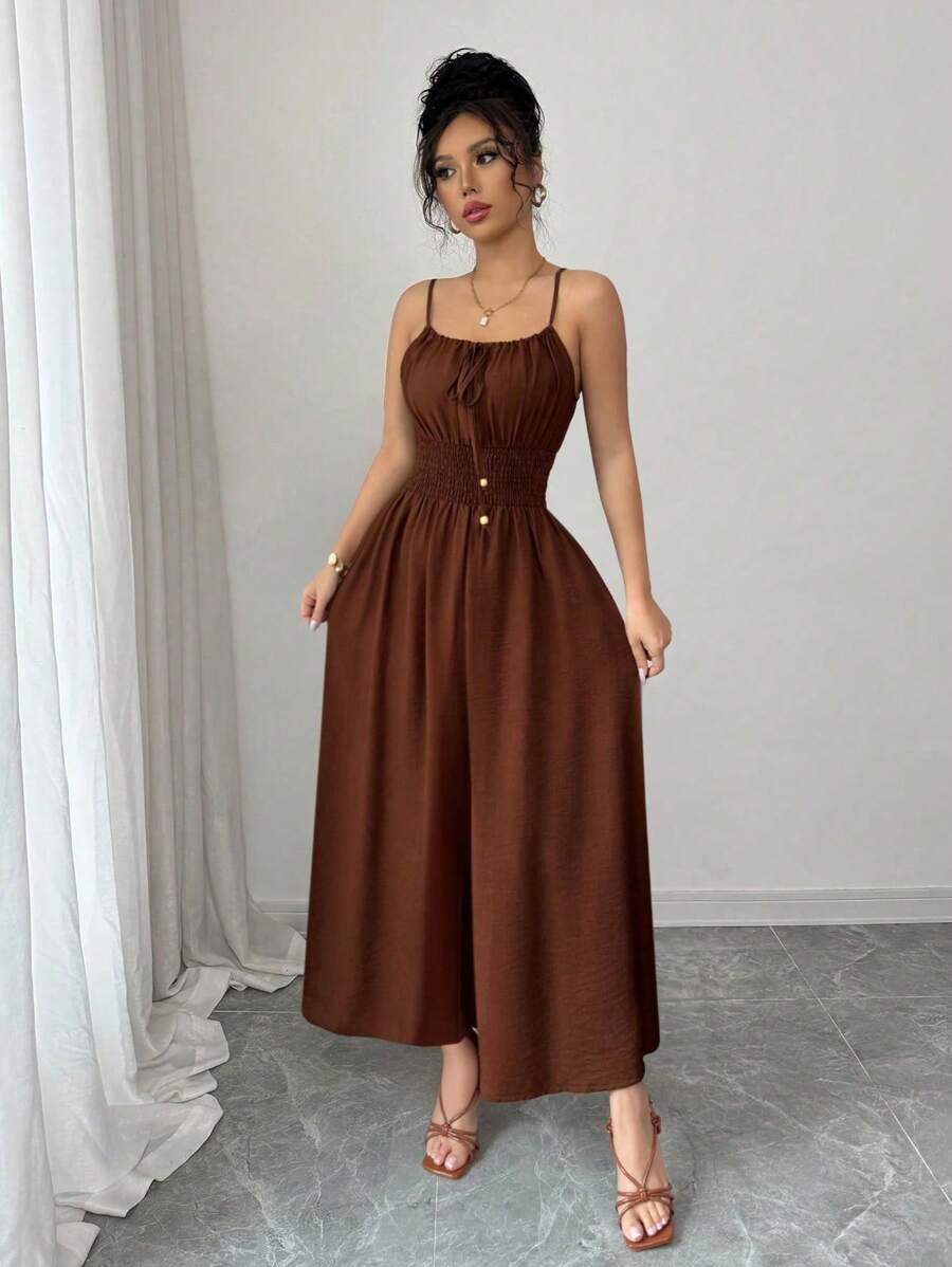 Elenzga Mono informal de lino de color café cómodo para mujer con lazo decorativo y cintura con cordón, para primavera/verano