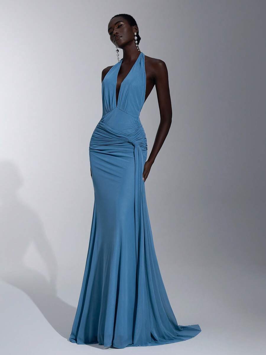 Elitara Vestido elegante, romántico, sexy, minimalista, azul, elástico, de cuello halter, espalda descubierta, ajustado, con nudo, transparente, de moda, de influencer, para festival, vacaciones, fiesta de cumpleaños, boda, dama de honor