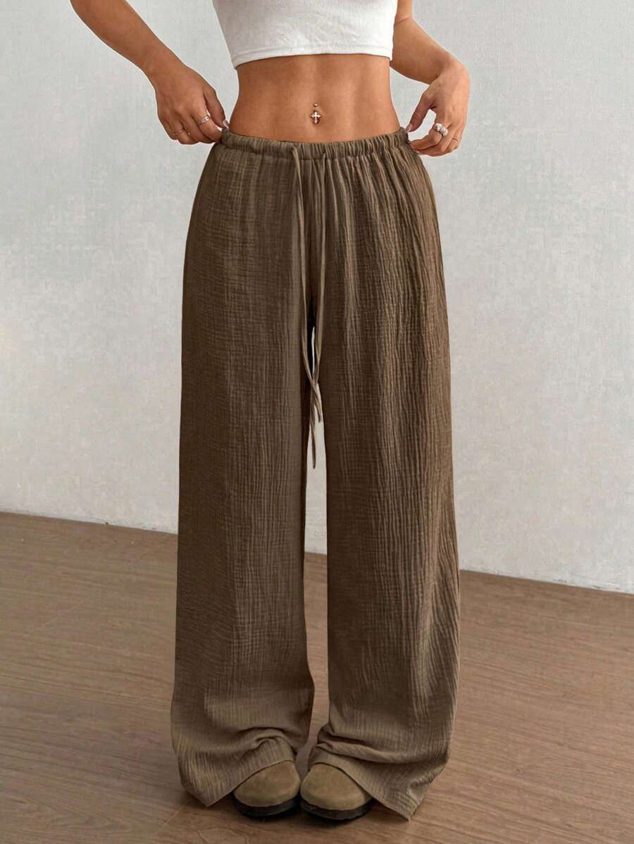 Flirla Pantalones rectos de algodón casual de cintura extra baja para mujer