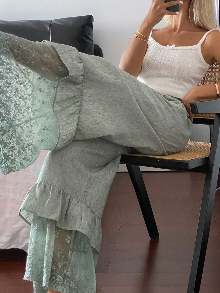 DAZY Pantalón de pijama con volantes y encaje de patchwork de lino para mujer