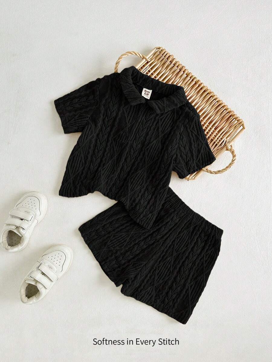 Cozy Pixies 2pcs Toddler Kids Casual Short Sleeve Polo Collar Pullover Sweater And Shorts Set, Black, Soft Knit, All-Match Matched, Suitable For Leisure, Home, Travel