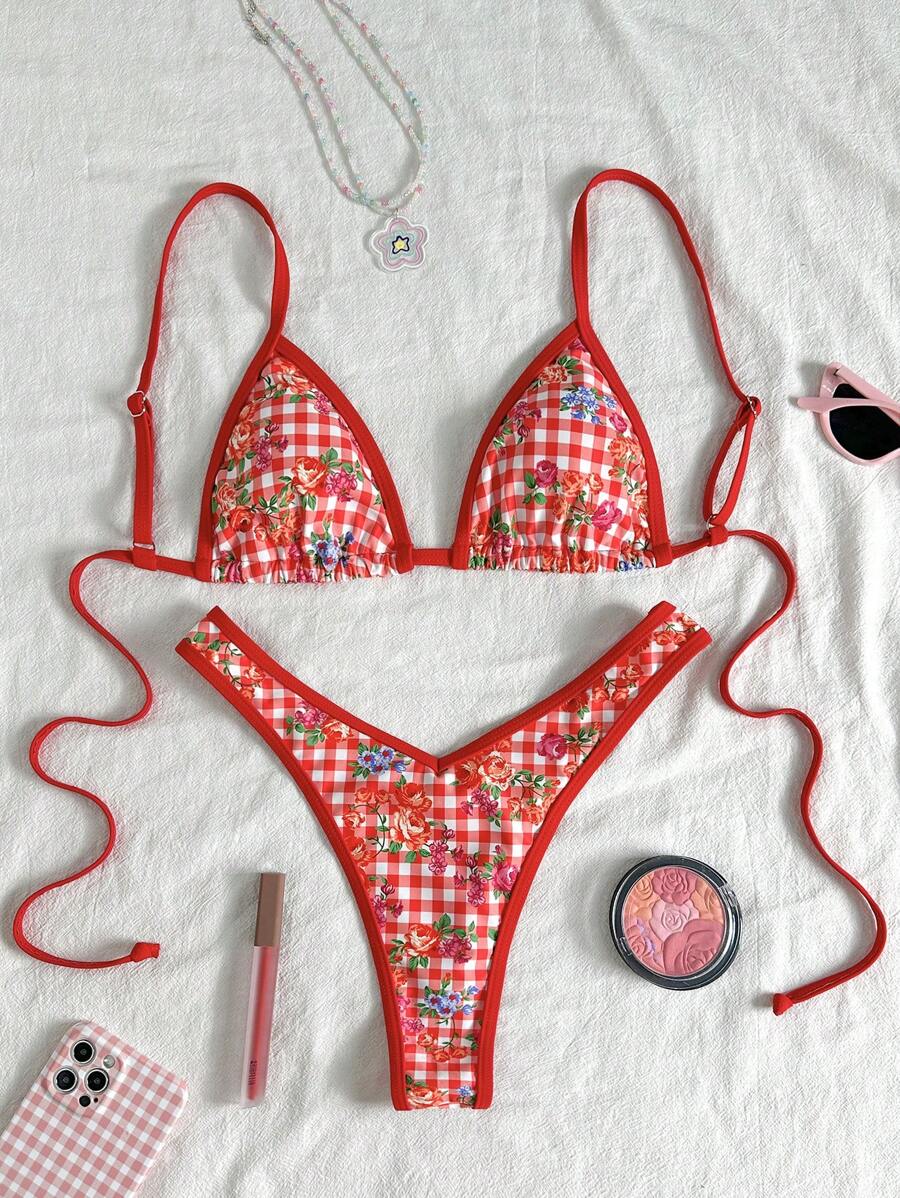 Swim Mod Springbreak Women Gingham & Ditsy Floral Random Print Spaghetti Strap High Cut Shorts Sexy Bikini Sets, Summer Beachwear For Young Ladies