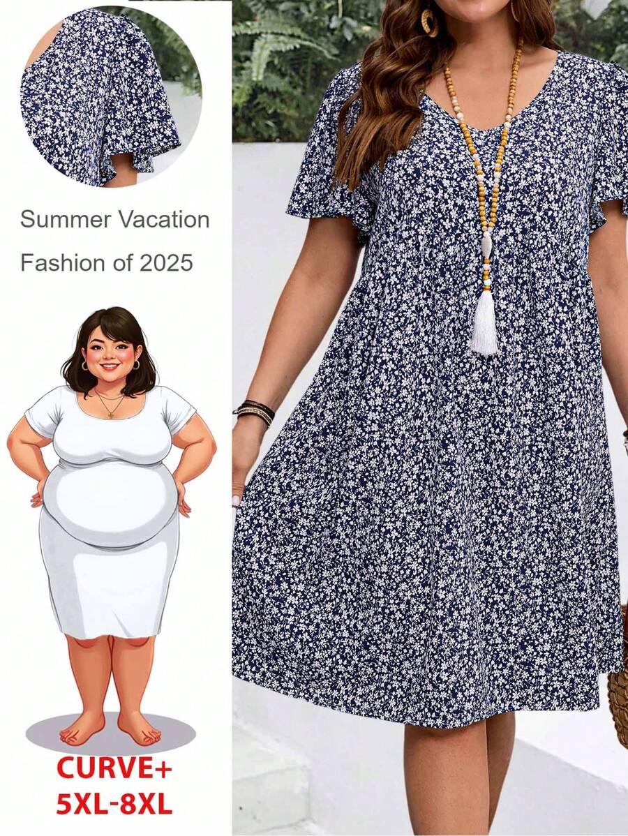SHEIN CURVE+ Robe d'été avec volants à imprimé floral pour femmes de grande taille, pour vacances. Robes d'été pour femmes, tenues de plage pour femmes/robe de plage/tenues de vacances à la plage/accessoires de plage/remise des diplômes/robe de garden-party, robes d'été/campagne/tenues de vacances à la plage/tenues de plage/vêtements de plage