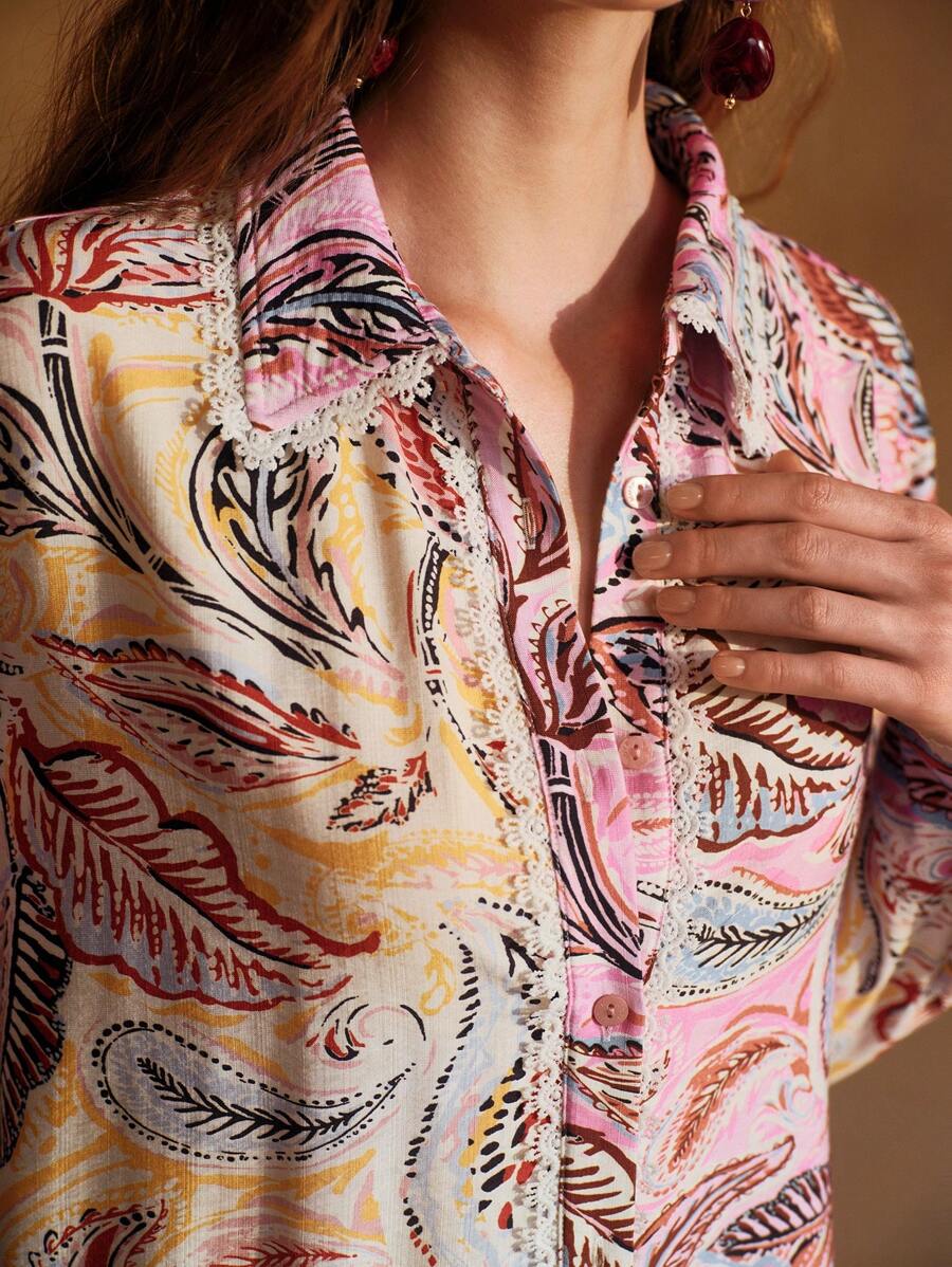 MOTF PREMIUM Camicia con stampa paisley e bordo in pizzo a contrasto