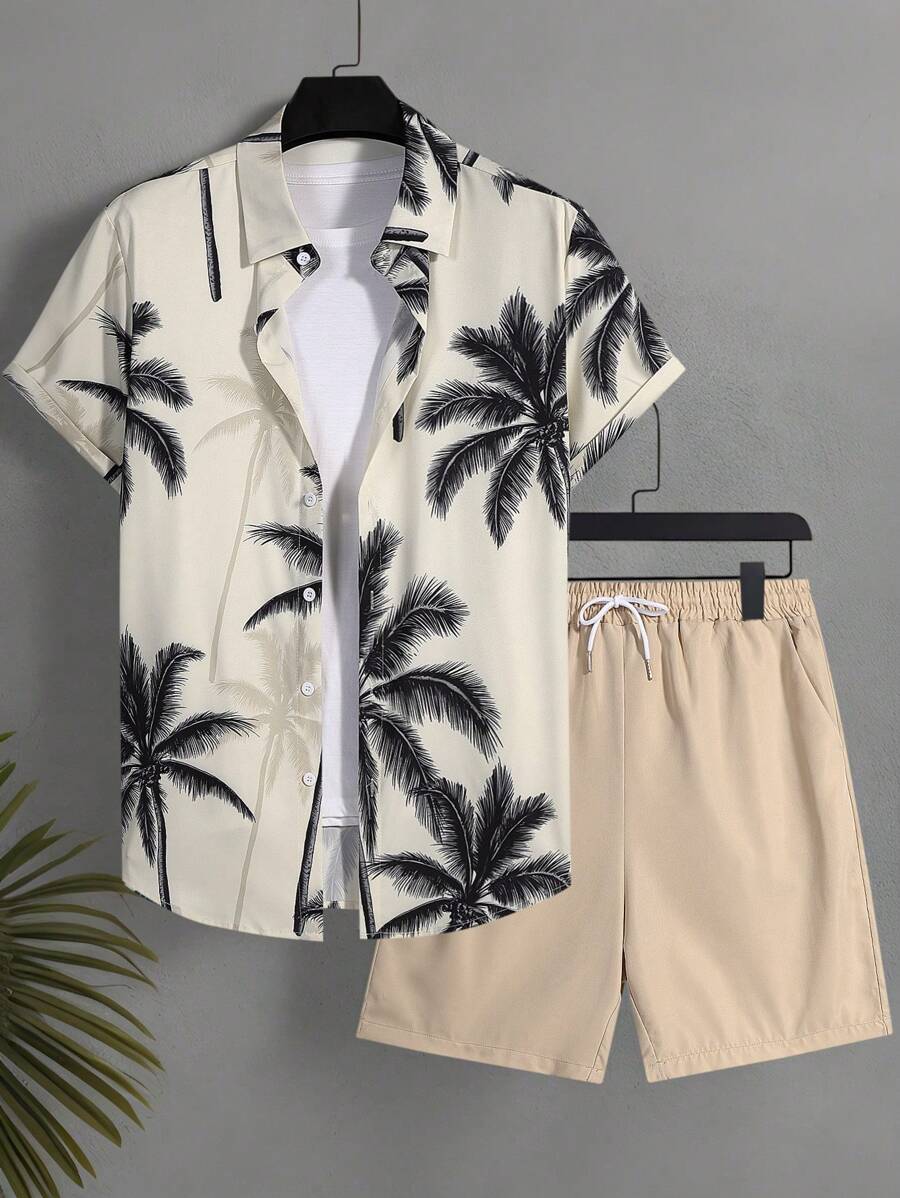 Manfinity KASUA Conjunto de camiseta de manga corta con botones y estampado de palmeras + pantalones cortos con cordón - Traje de baño, verano, hawaiano para hombres