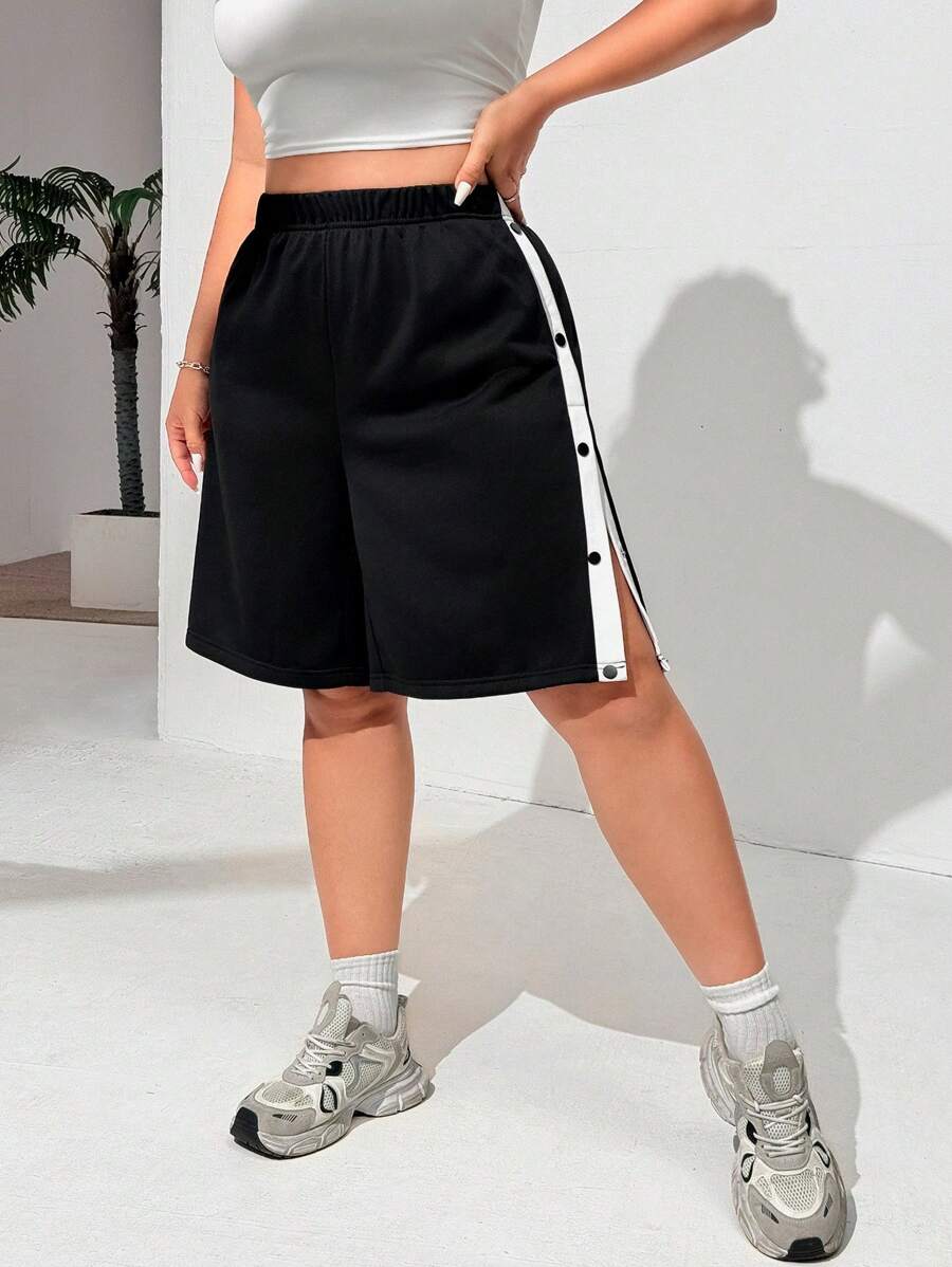 SHEIN EZwear Plus Size Black & White Loose Fit Slit Athletic Biker Shorts For Summer