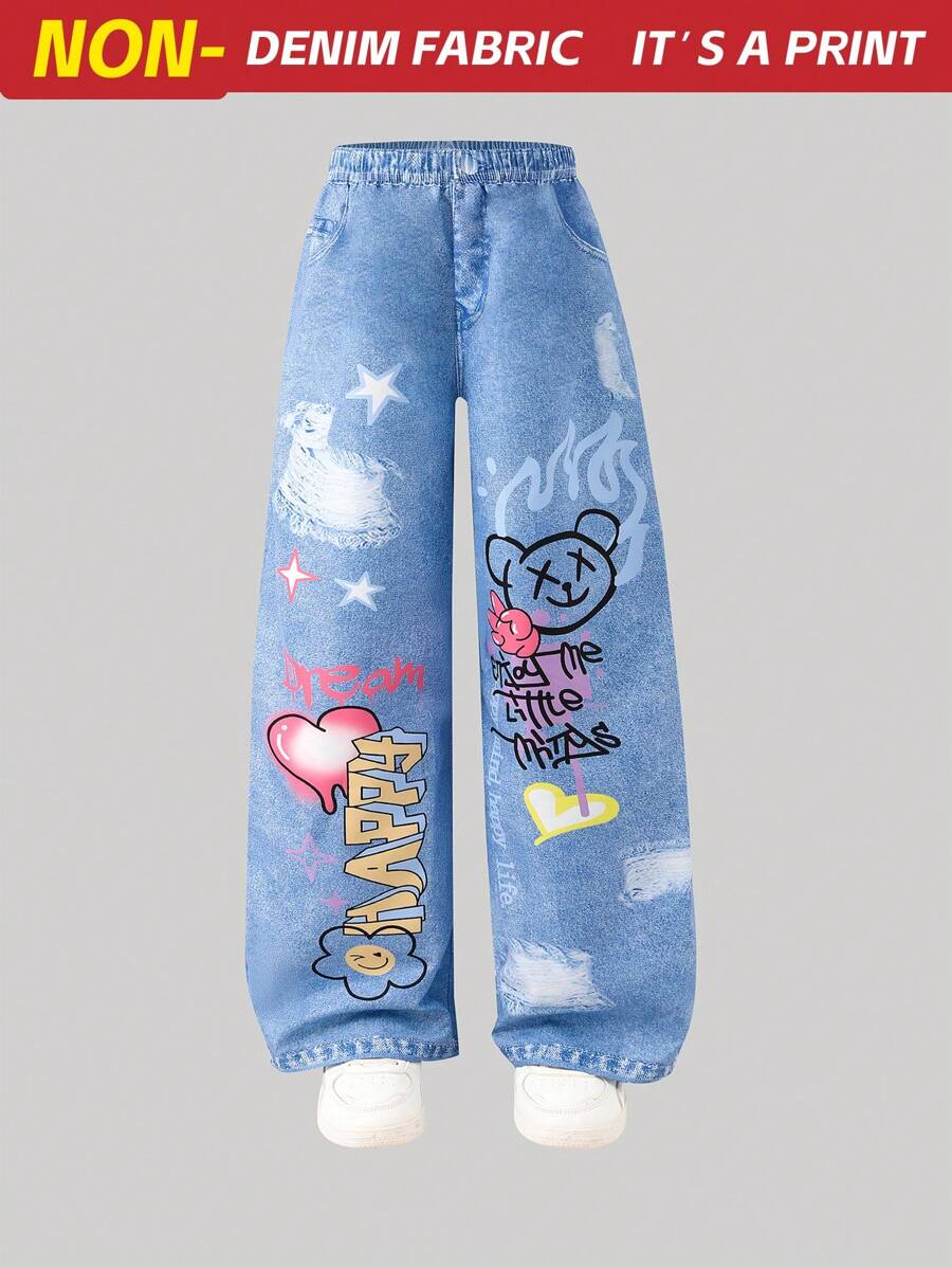 SHEIN Pantalon droit décontracté non en denim avec graphique de lettre tissé pour préadolescentes