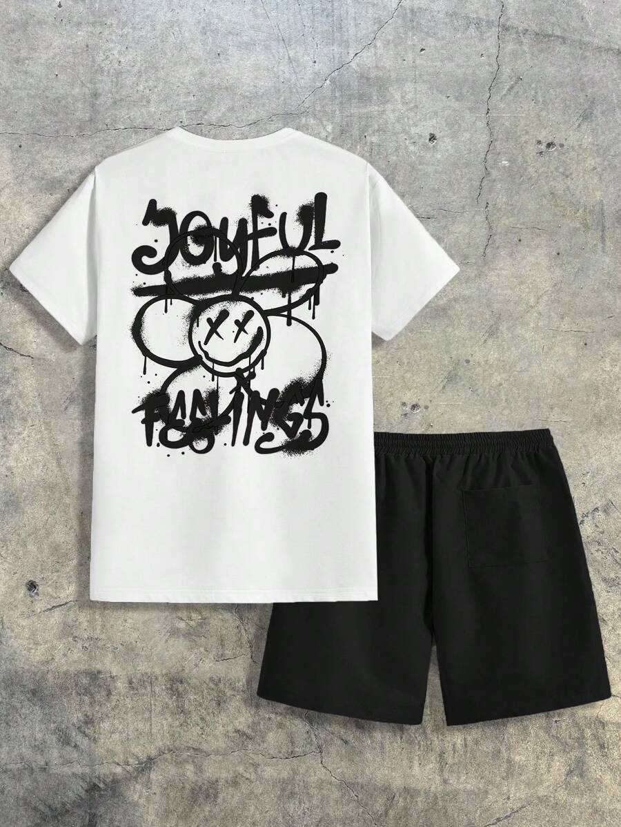 AXEPEAK Men's Summer Cartoon Letter Print Round Neck Short Sleeve Casual T-Shirt And Drawstring Waist Shorts Set, Streetwear Edition