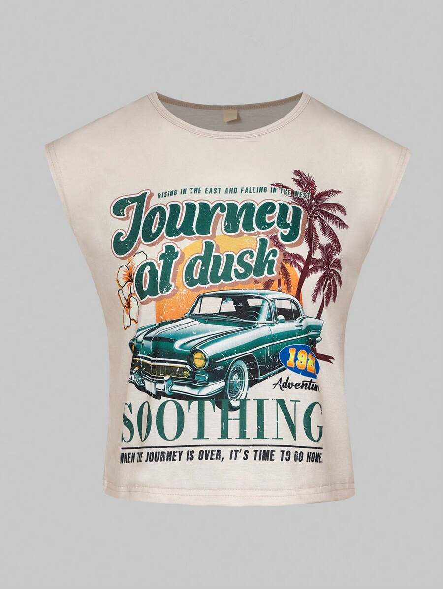 SHEIN Camiseta de manga corta con gráfico de coche retro para niñas, dulce y picante, campamento de verano