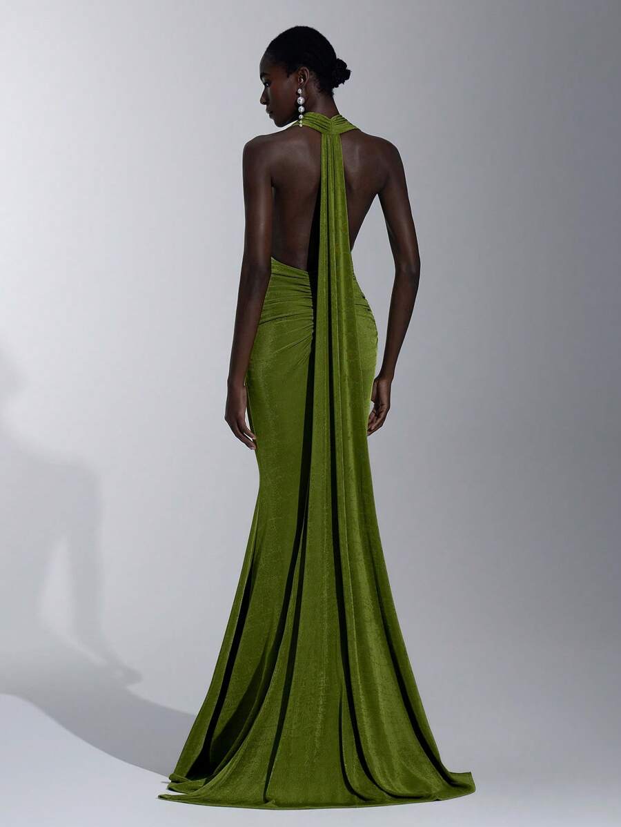 Elitara Elegante, romántico, sexy, minimalista, verde, de tela de punto, cuello halter, ajustado, cola de pez, de moda, estilo influencer, vestido para fiesta, cumpleaños, evento de boda, dama de honor