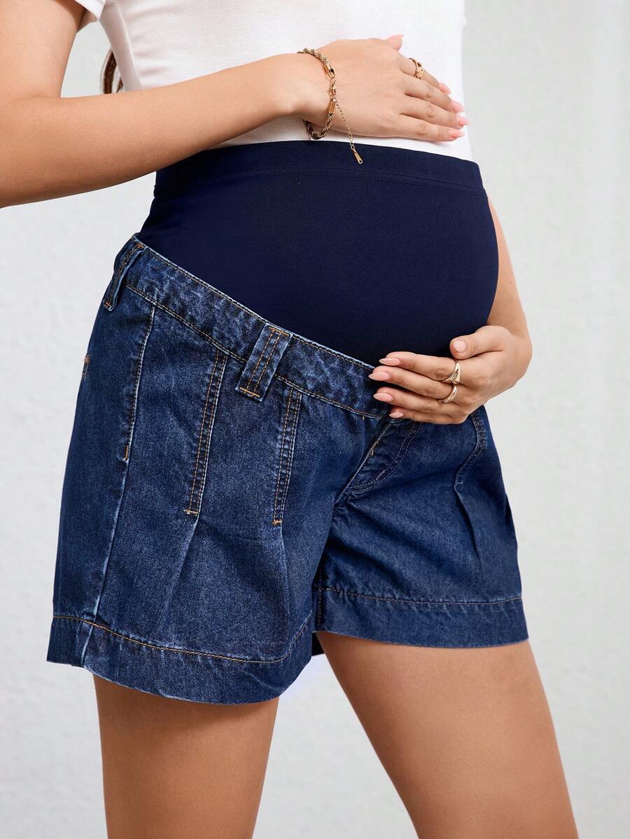 SHEIN Short vaquero casual con pliegues de embarazo de color azul oscuro
