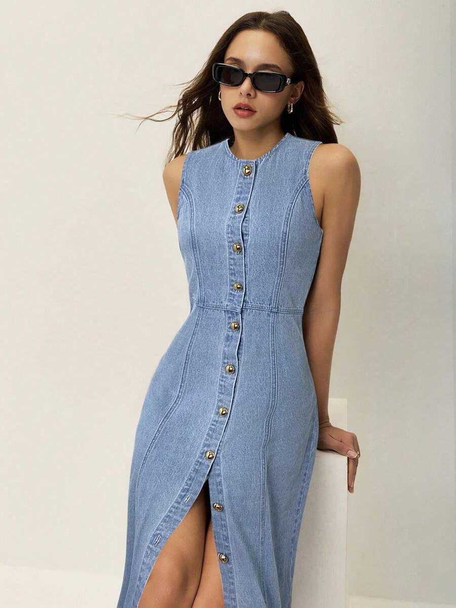 Poéselle Women Solid Color Round Neck Button Front Slit Sleeveless Denim Dress