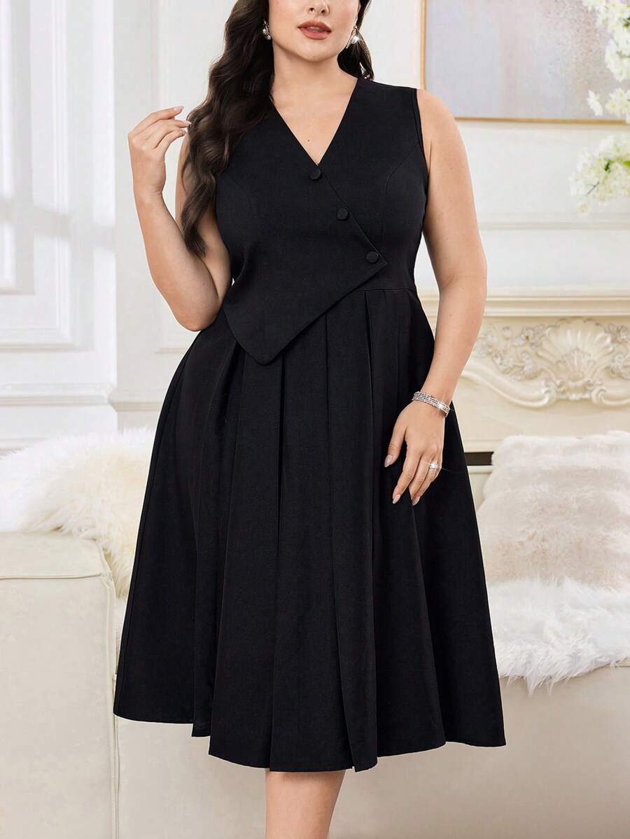 Modelyn Vestido sencillo de talla grande color negro con cuello en V sin mangas, uso casual diario