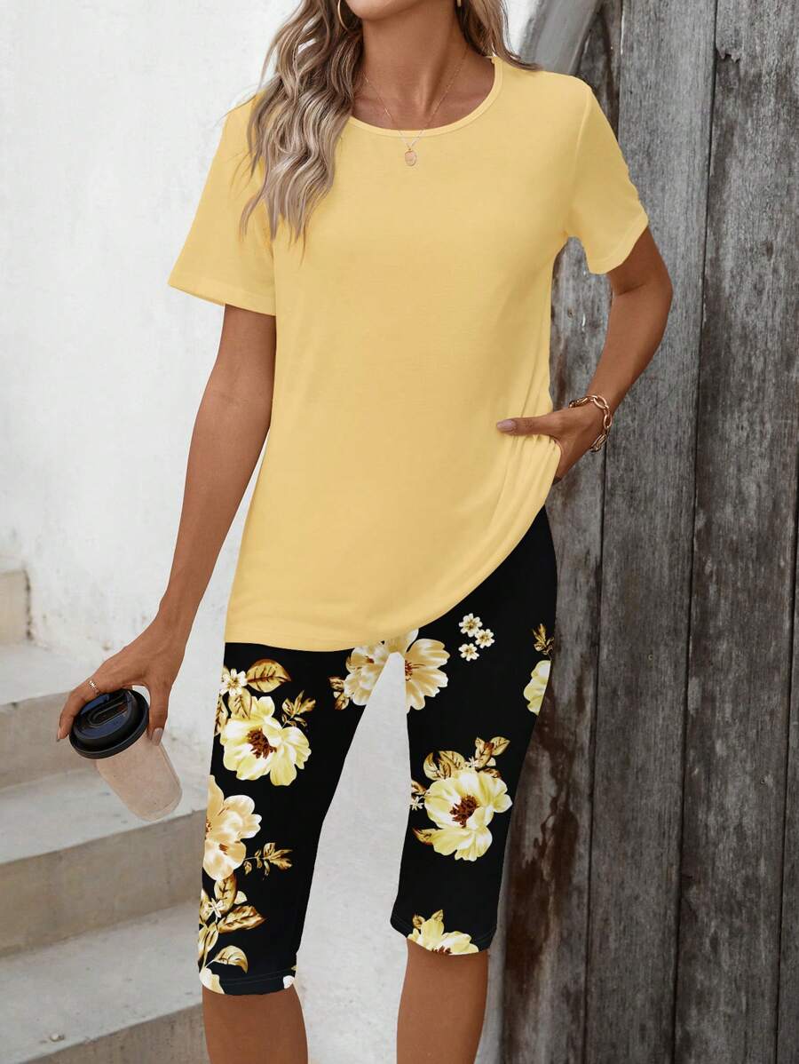 EMERY ROSE 2pcs/Set Women Casual Floral Print Outfit, Suitable For Summer Outdoor/Vacation Suitable For Going Out