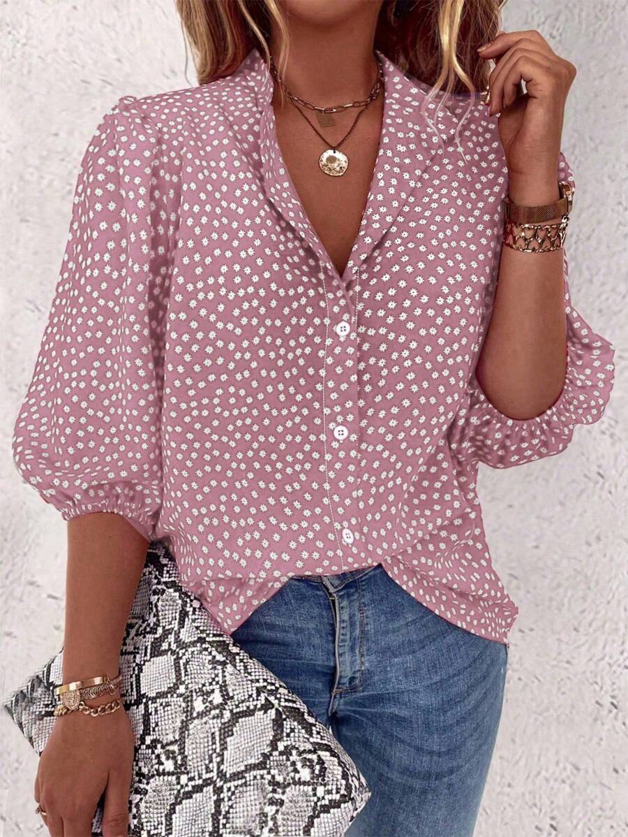 Linhara Plus Size Boho Front Button Allover Print Casual Blouse, For Summer