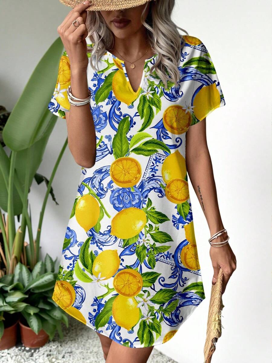 SHEIN LUNE Casual Minimalist Vacation Lemon Flower Elegant Baroque Blue Floral Print V Neck Woven Short Dress For Women, Suitable For Spring/Summer,Bohemian Clothes,Dresses For Women Summer