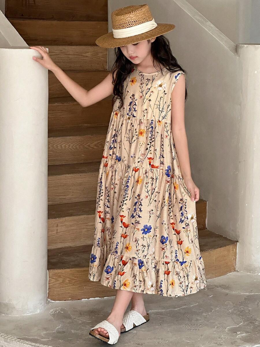 Dazy Kids Vestido de flores pequeñas sin mangas para niñas talla grande, de verano