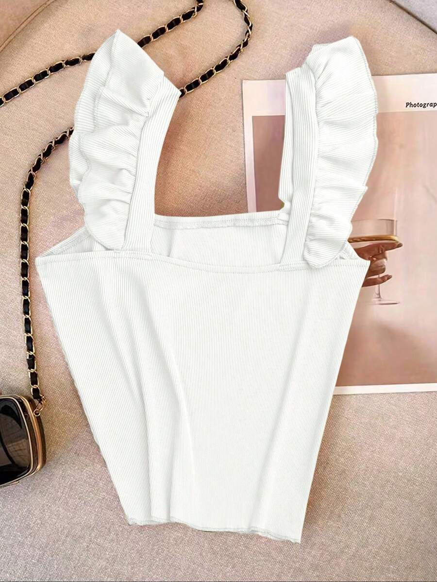 Franclia Solid Ruffle Trim Ribbed Knit Cami Top