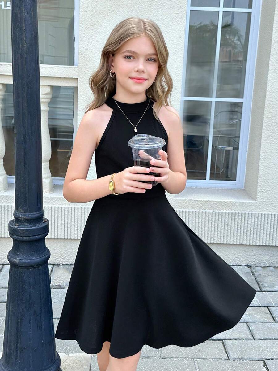 SHEIN Robe noire unie décontractée pour préadolescentes, col montant, sans manches, à taille empire