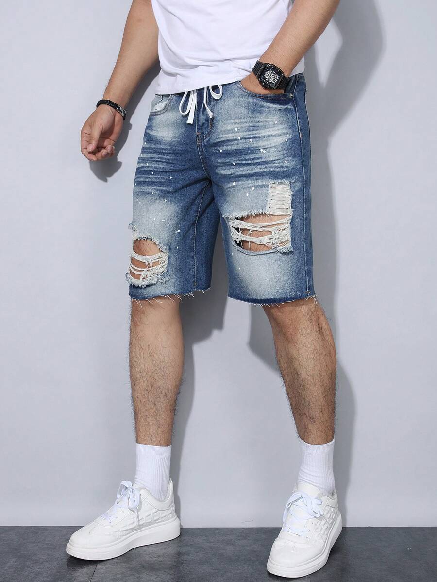 Manfinity LEGND Pantalones cortos de mezclilla con efecto desteñido, bloque de color, bolsillo, borde deshilachado y cordón en la cintura para hombres