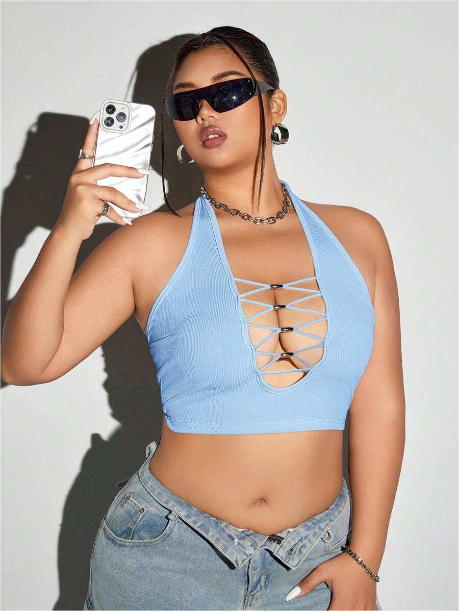 SHEIN ICON Plus Size Fitted Deep V-Neck Beaded Decor Halter Tank Top