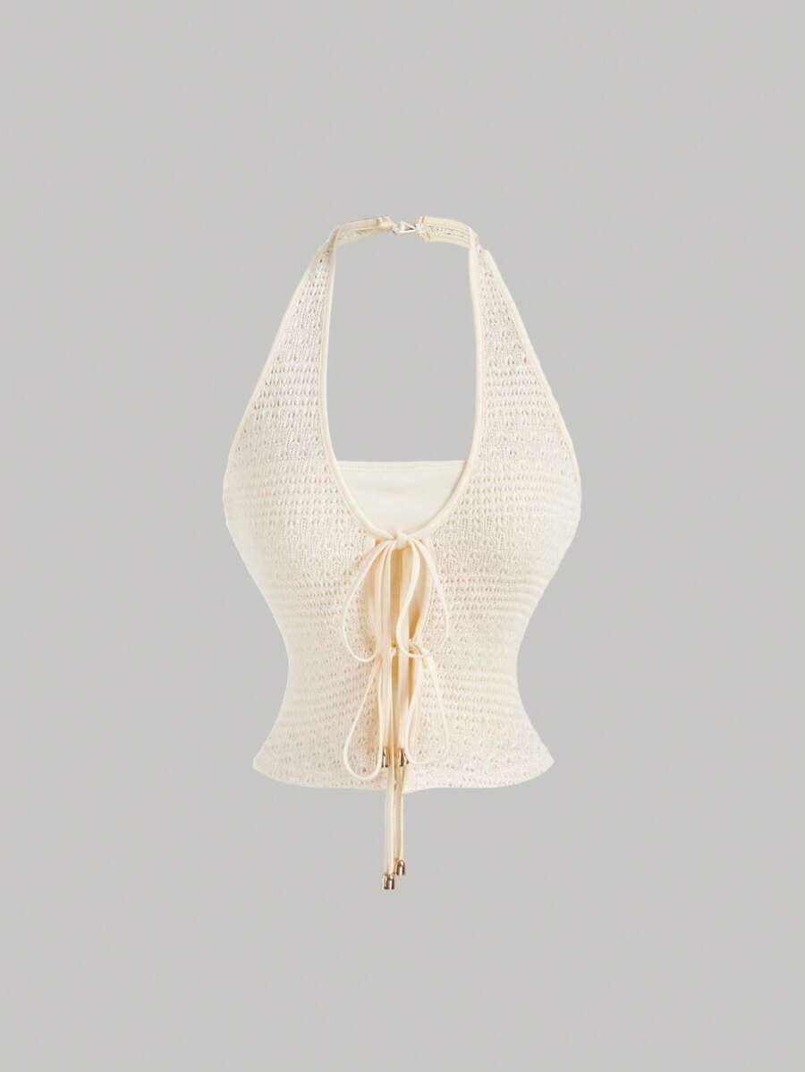 SHEIN MOD Vintage romantischer apricotfarbener 2-in-1 Trägertop mit Häkelstoff und Schleife - Y2K Stil, perfekt für Inselurlaube, Partys, Dates, Geburtstage, Nachmittagstees und Feiertage, Urlaub, Häkeltop, Grunge, Westernmode für Frauen, Country Konzert, Strandurlaub