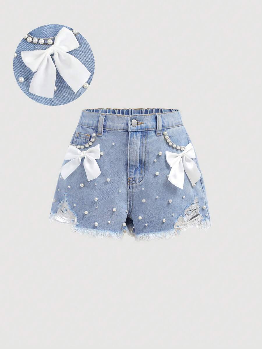 SHEIN Girlism Shorts di jeans eleganti da ragazza tween, lavaggio chiaro, effetto vissuto, con fiocco, inserti in tasche, perle finte e orlo sfrangiato, adatti per vacanze primaverili ed estive, festival