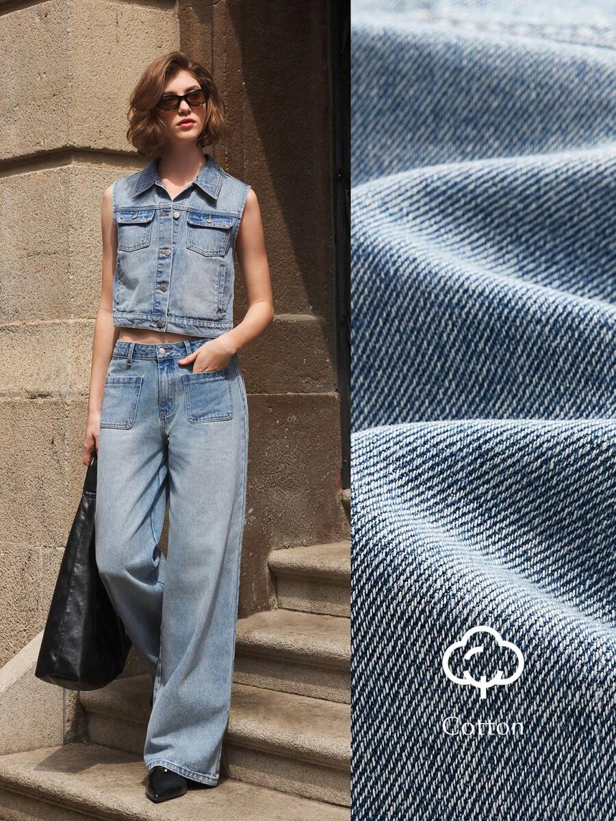 Ontre Women's Blue Denim Vest Box Vest Lapel Truncated Design Old Money Style Top