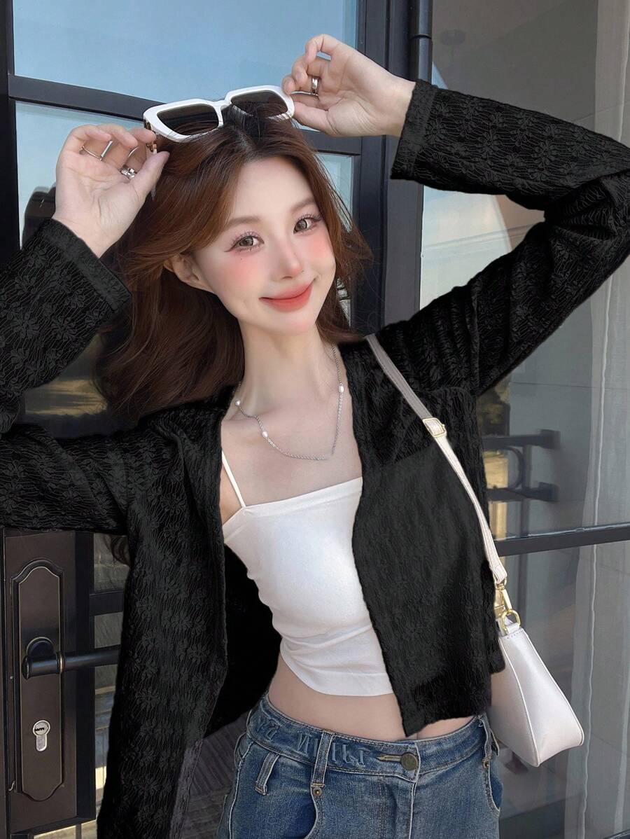 DAZY Chaqueta corta ligera de mujer de jacquard casual, adecuada para primavera y otoño