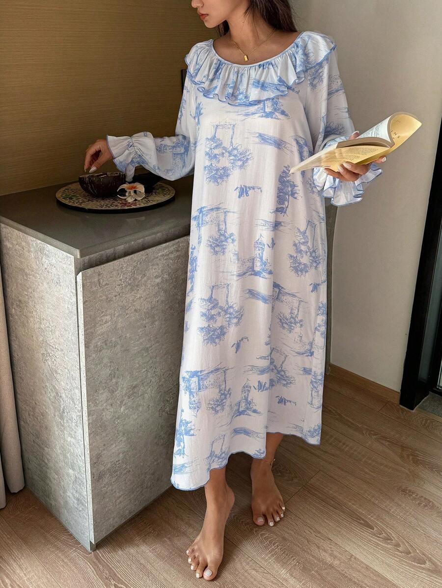DAZY Camisón con estampado de paisaje y volantes en el bajo para mujer