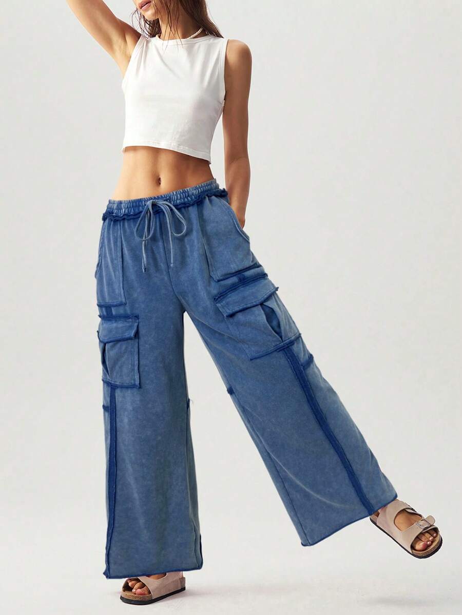 Bohemela Pantalones anchos con bolsillos de punto de unicolor informal para mujeres