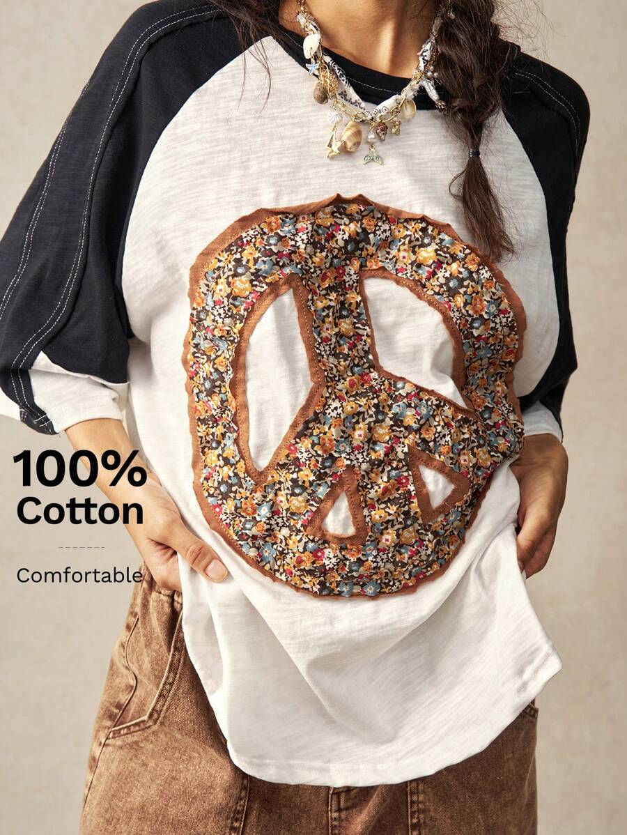 Bohemela Maglietta casual oversize taglie comode, maglia a blocchi di colore con scollo tondo e maniche a raglan