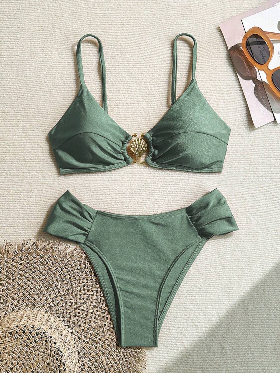 Swim Basics Spring Break Women's Beach Vacation Sexy Metal Decor All-Vegan High-Cut Pleated Thin Strap Bikini Set, Ladies Summer Swimsuit