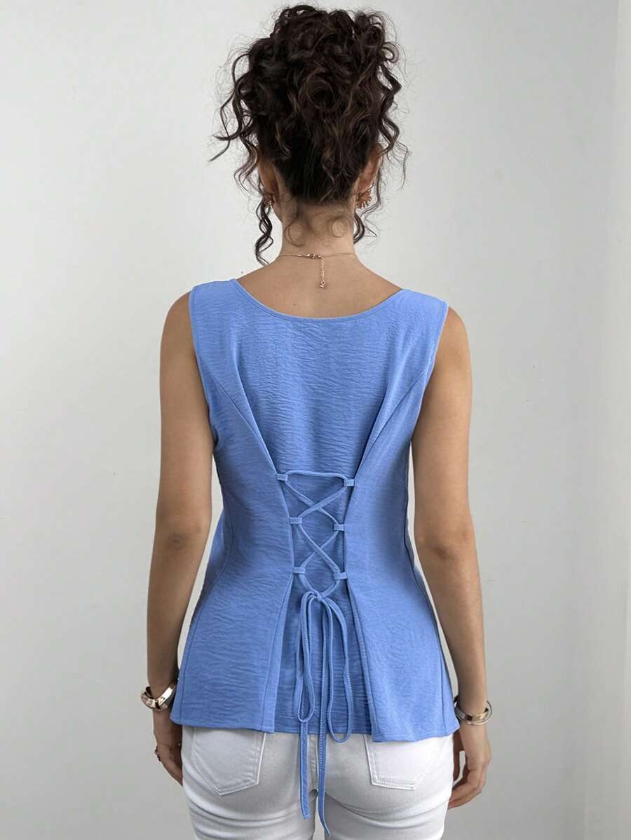 Momance Blusa de maternidad sin mangas de cuello cuadrado con lazo delantero de unicolor