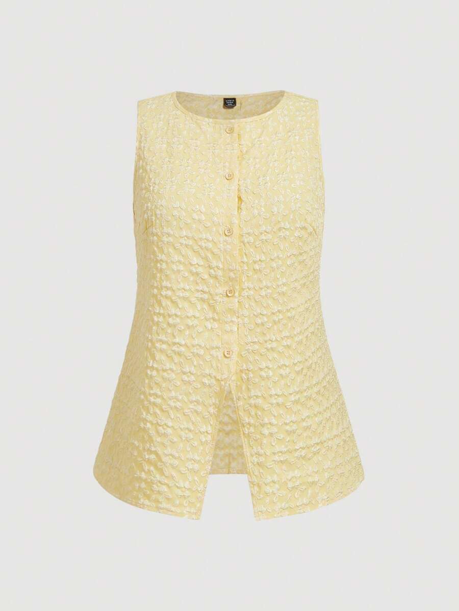 SHEIN MOD Große Größen Damen Gelbes Strukturgewebe Knopf-Hemd vorne, Lässige ärmellose Bluse mit Faltenkragen Arbeitsblusen für Damen Damenhemden und -oberteile Sommerkleidung Damenoberteile Oberteile für Damen
