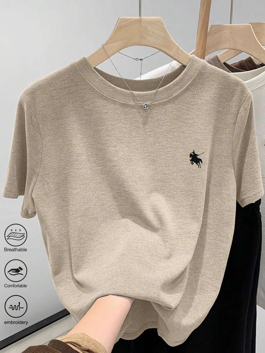 SHEIN Factory Price Simple Horse Embroidery Regular Short Sleeve T-Shirt