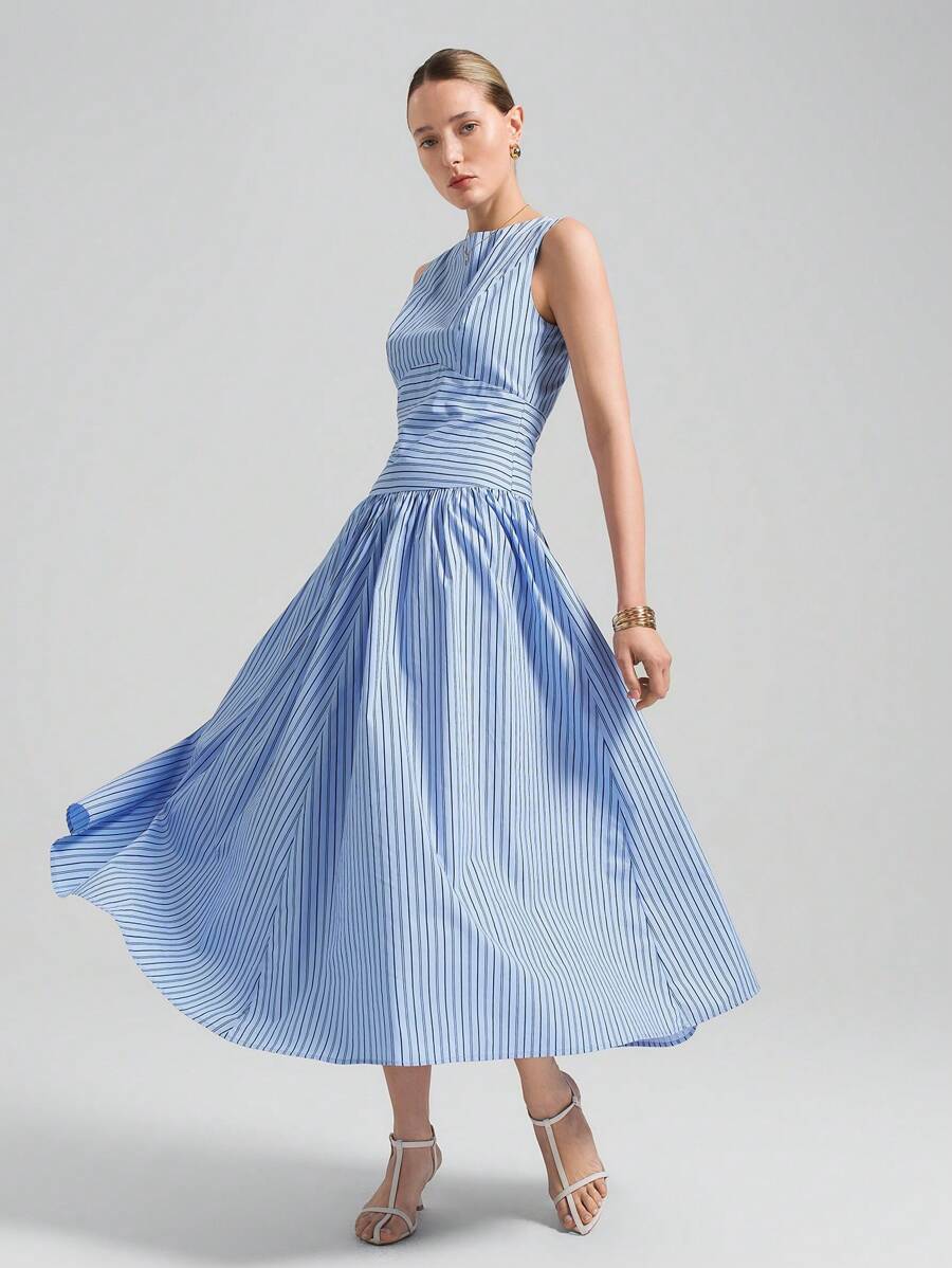 Ontre Vestido casual de verano con cuello redondo, sin mangas y estampado de rayas, estilo festivalero, de moda callejera tipo Estocolmo, para clubes de playa, fiestas nacionales y fiestas de maestras en 2025