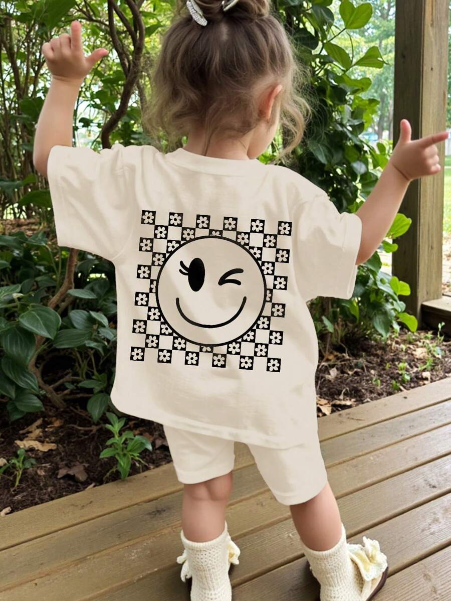 SHEIN 2pcs Young Girl Casual Minimalist Short Sleeve Shorts Set, Suitable For Summer