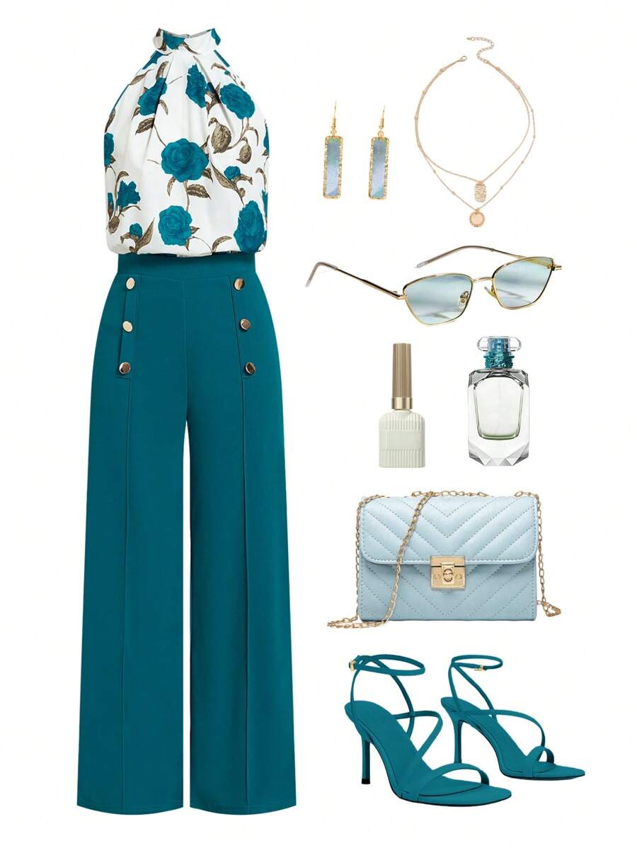 Ellevyn 2pcs Set Women Elegant Print Cold-Shoulder Top & Straight Wide-Leg Pants Summer Outfits Women Summer Sets Outfit Set Business Casual Woman Country Business Casual Woman Ounge Sets For Women Teacher Outfits For Women Fall Women Clothes