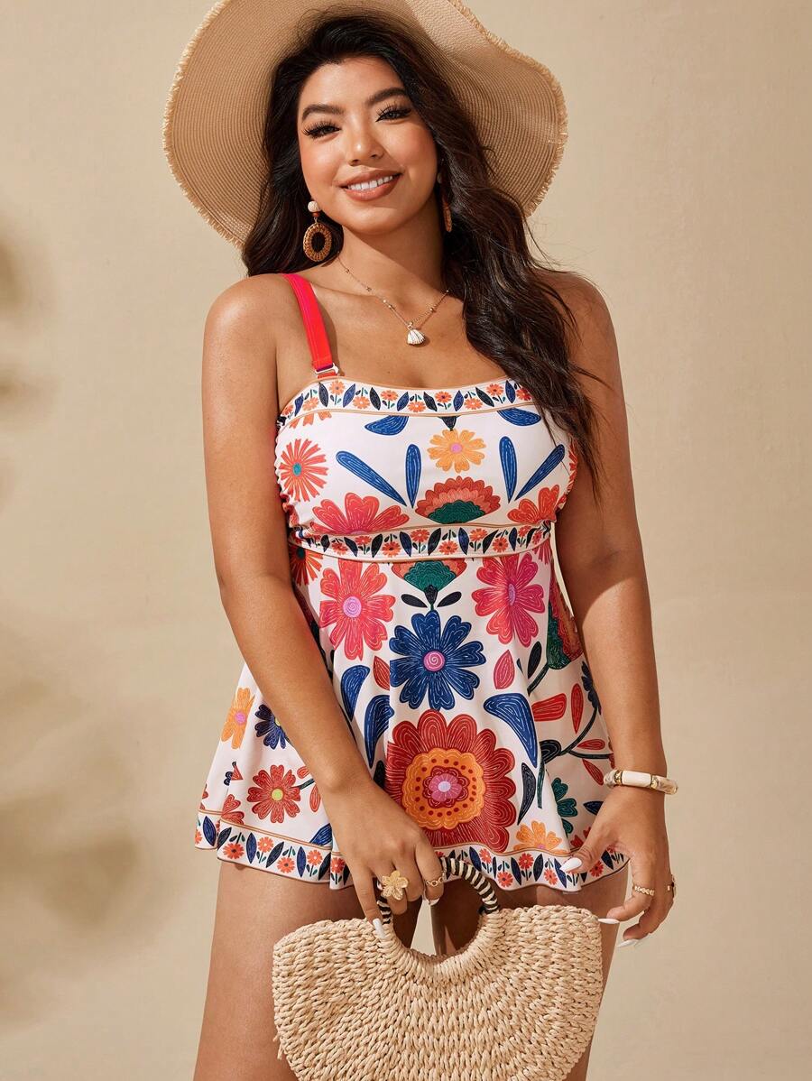 Swim Vcay Conjunto de vestido-traje de baño casual para playa y resort con tirantes finos y estampado floral menudo en tallas grandes para mujeres