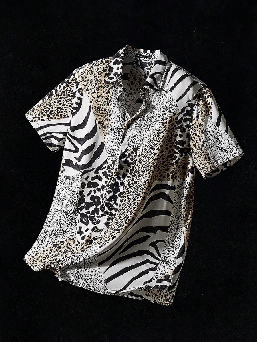 NEON BLANC Camicia a maniche corte da uomo con stampa leopardo e a righe zebra, ispirata allo streetwear