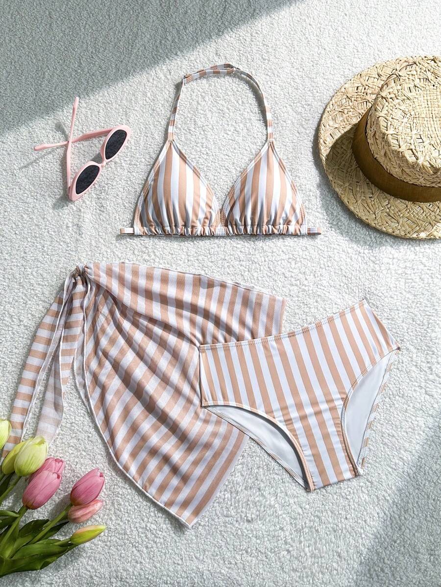 Conjunto de traje de baño de niña preadolescente con estampado de rayas y escote de halter
