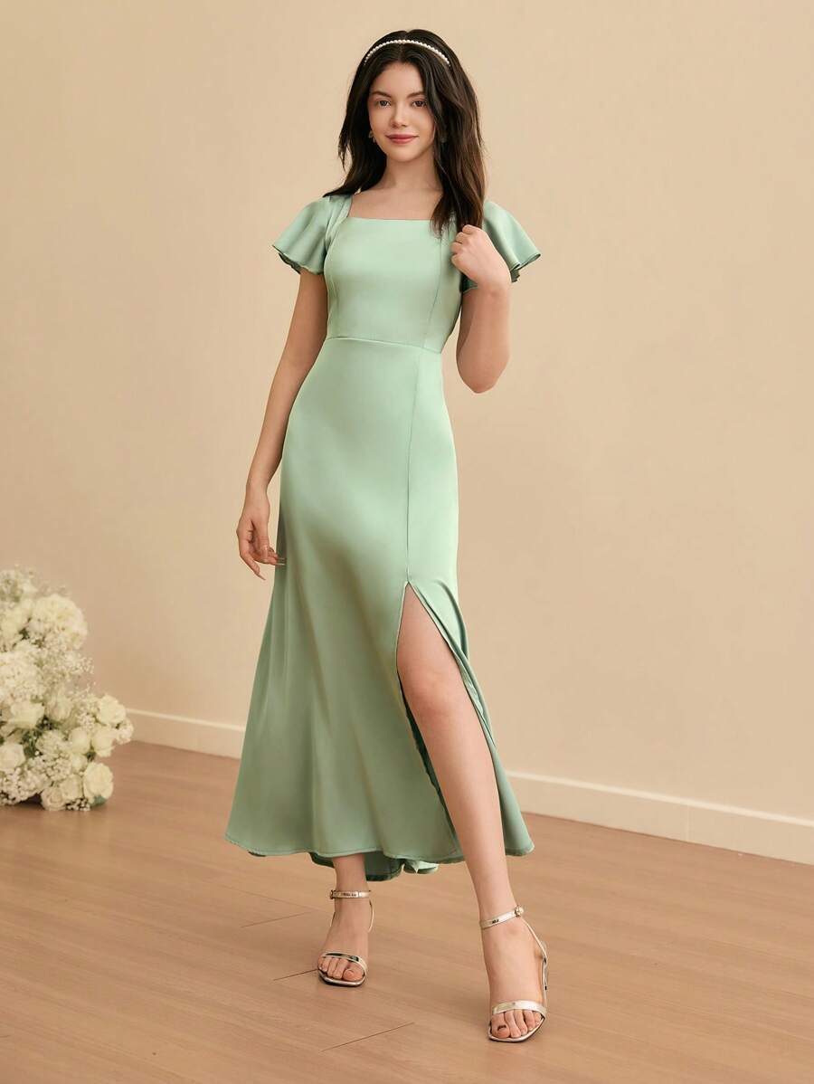 SHEIN Teen Girl Elegant Simple Square Neck Short Sleeve High Waist Slim Fit Long Dress With Slit, Satin Shiny Fabric, Green Color, High-End Teenage Girl Graduation/Wedding Flower Girl Dress