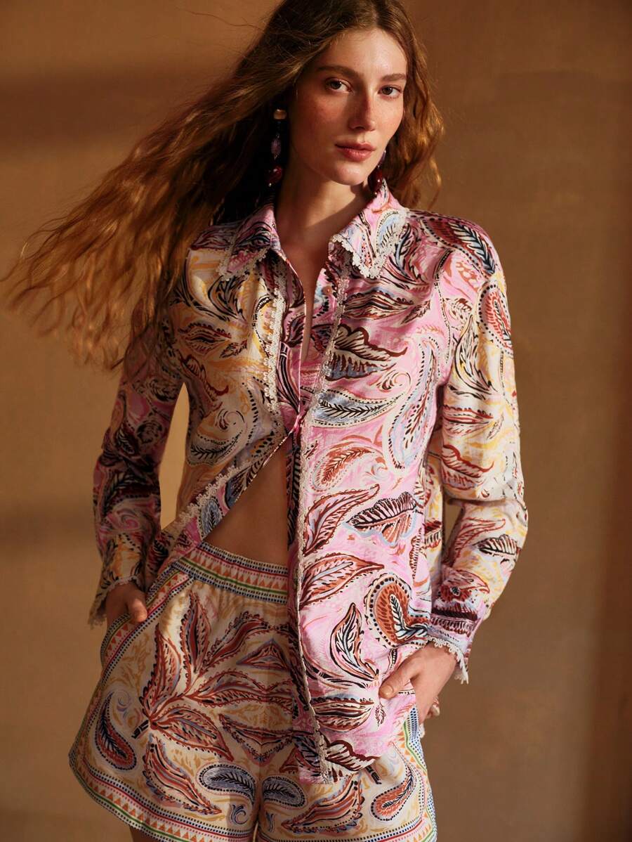 MOTF PREMIUM Camicia con stampa paisley e bordo in pizzo a contrasto
