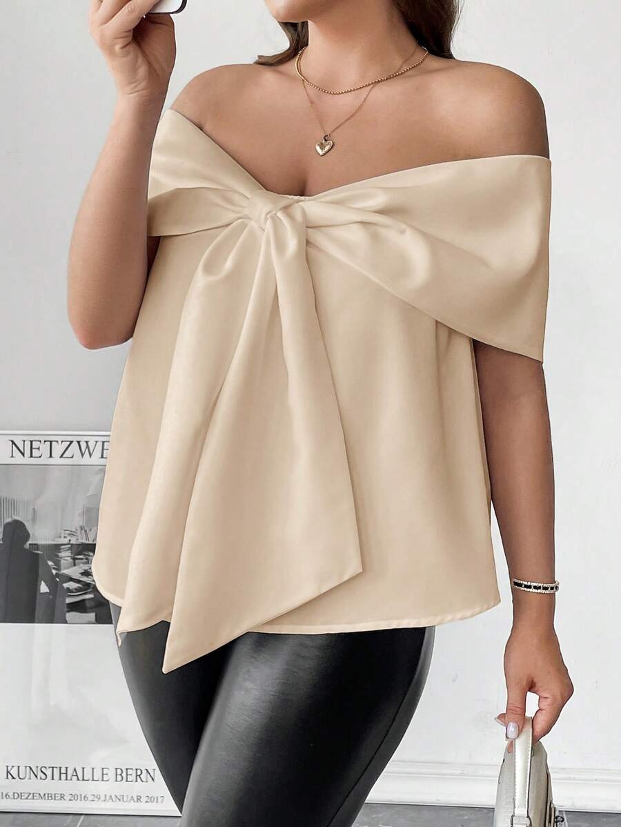 SHEIN Essnce Plus Size Women's White Top, Bow Top, Off-Shoulder Top, Summer Wear, Women's Date Top, Cute Top, Wedding Season, Valentine's Day Wear,Going Out Tops Valentines Clothes