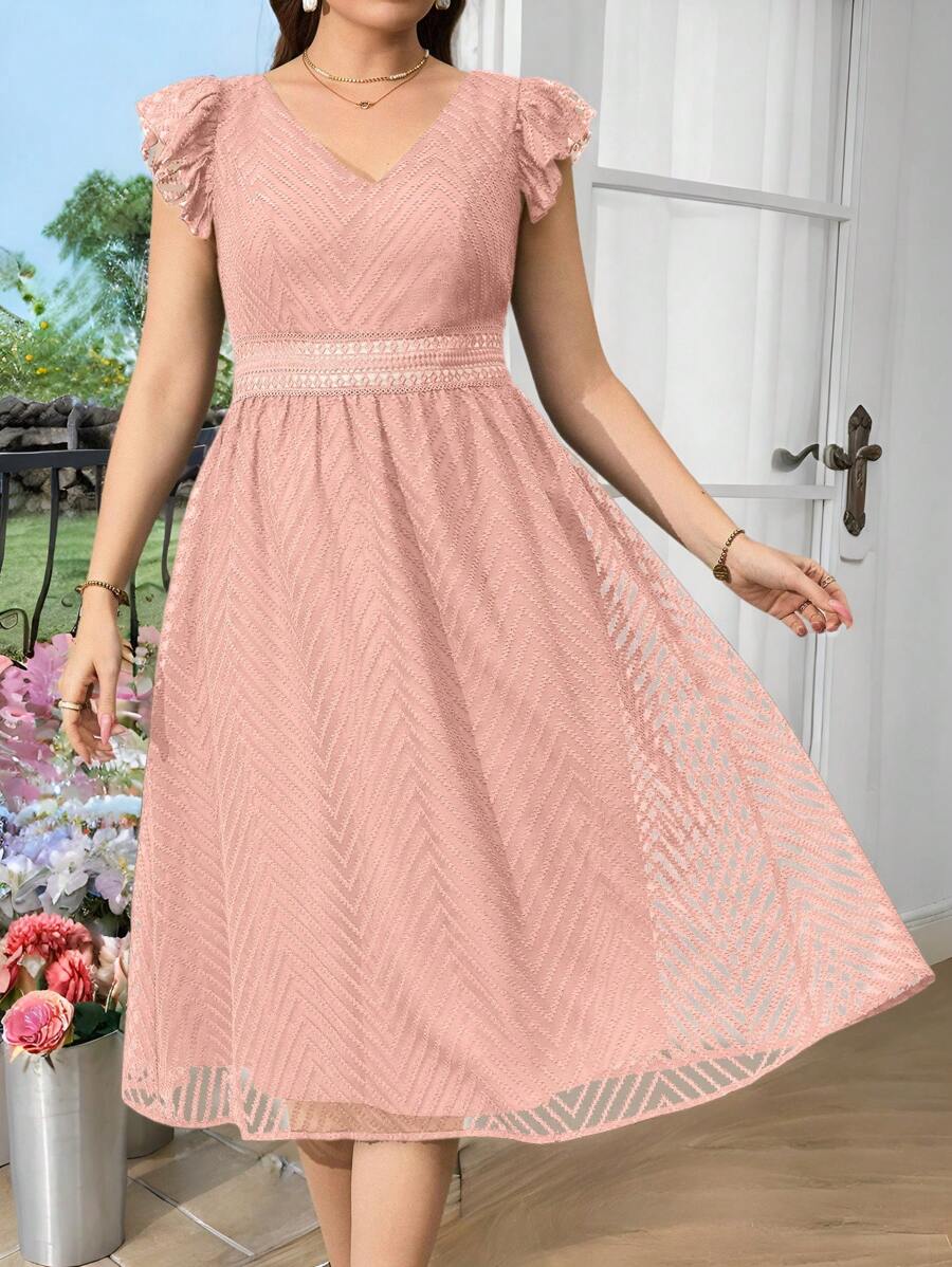 SHEIN Clasi Vestido largo elegante de encaje y patchwork verde para mujer talla grande para verano