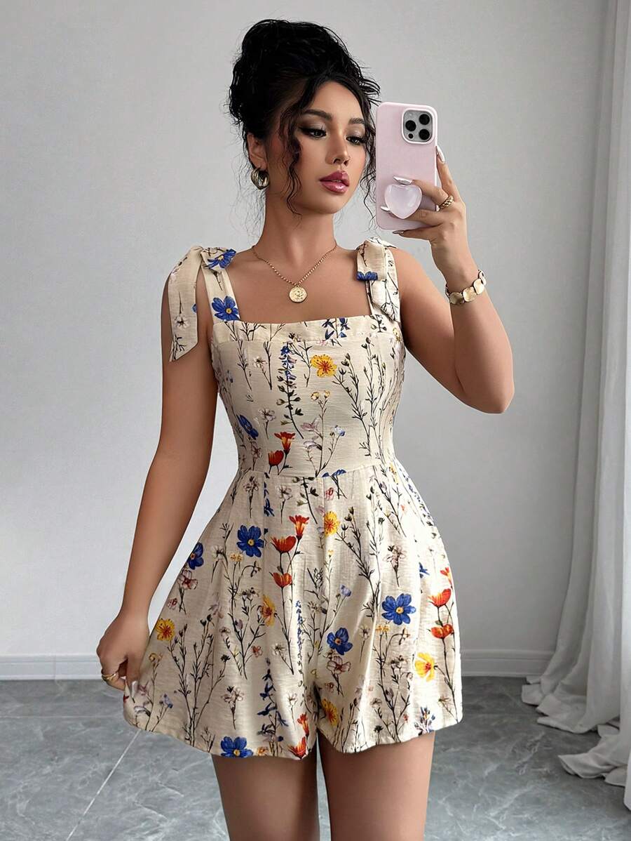 Elenzga Mono corto para mujer con estampado y lazo en la cintura para vacaciones
