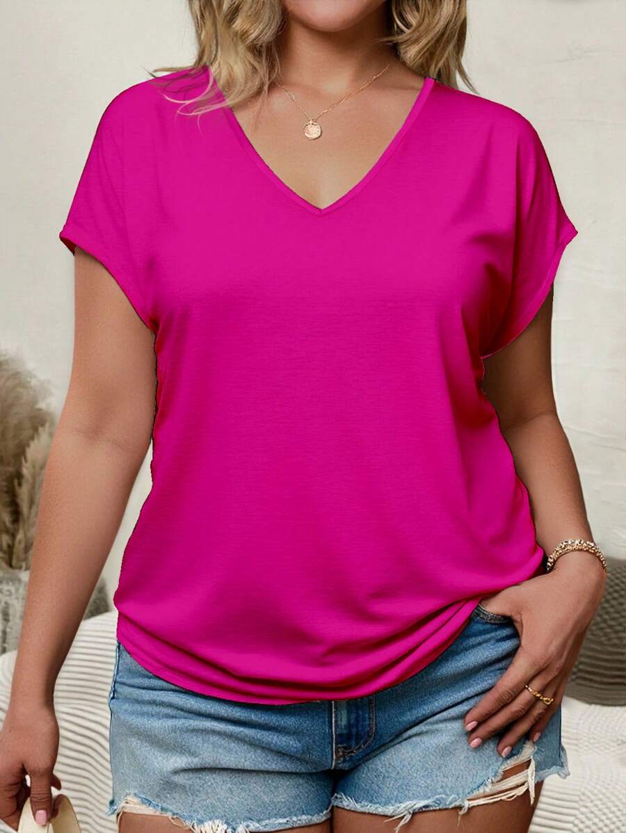 SHEIN LUNE Maglietta casual e versatile da donna, con scollo a V, maniche corte, tinta unita, taglie comode