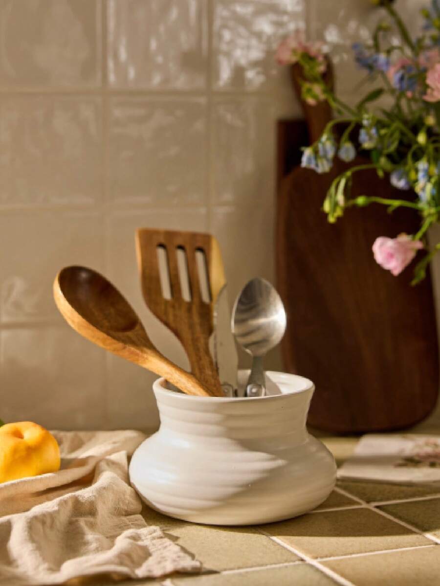 Cirelle 1 pièce de pot de rangement de cuisine simple et attrayant avec filetage. Pot de rangement en céramique pour ustensiles, couteaux, fourchettes, cuillères, articles de papeterie.