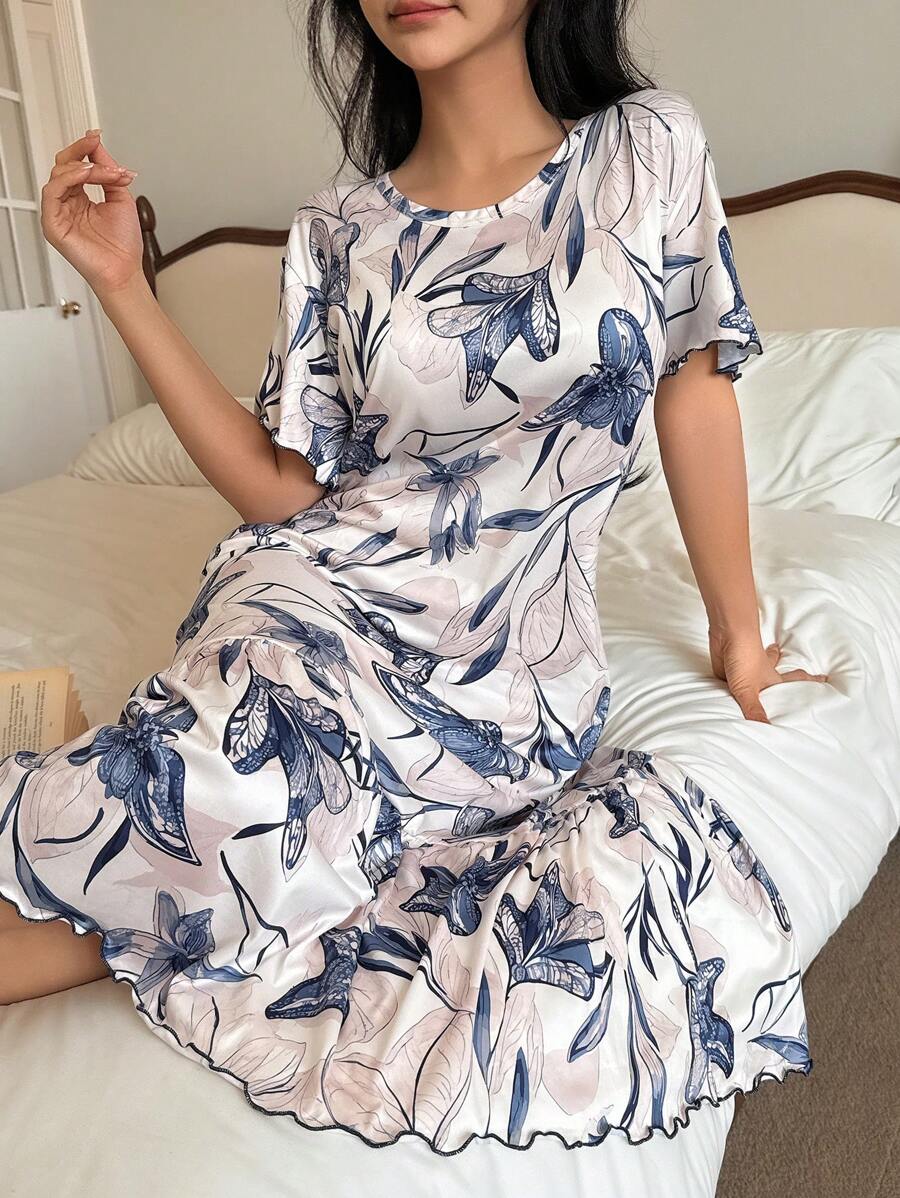 SHEIN Camisón informal de mujer con estampado floral y dobladillo fruncido
